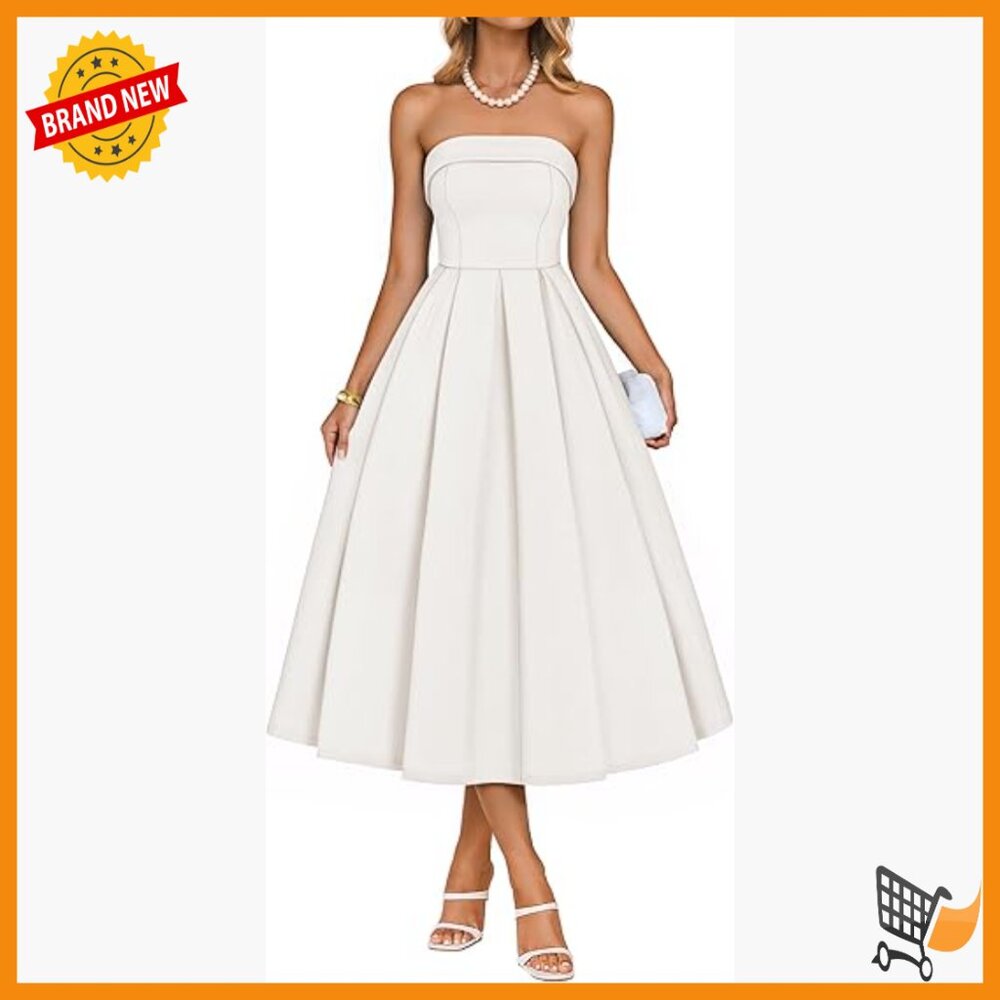 Strapless Midi Cocktail Dress, A-Line Silhouette, High Waist, Zipper Back